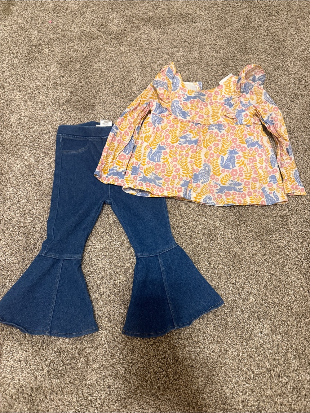 Girls Floral Peplum Top & Bell Bottom Jeans Set - Yellow Blue